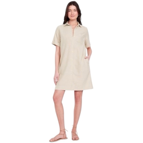 Old Navy Dresses & Skirts - NWT Old Navy Linen Blend Button Front Shirt Dress Neutral Large Tall